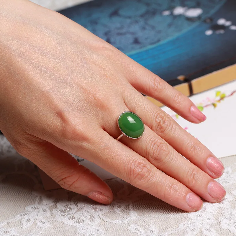 925 Silver Inlaid Jasper Ring with Certificate of Authenticity Large Oval Green Jade Ring Hetian Jade Women's Ring Open Adjustab