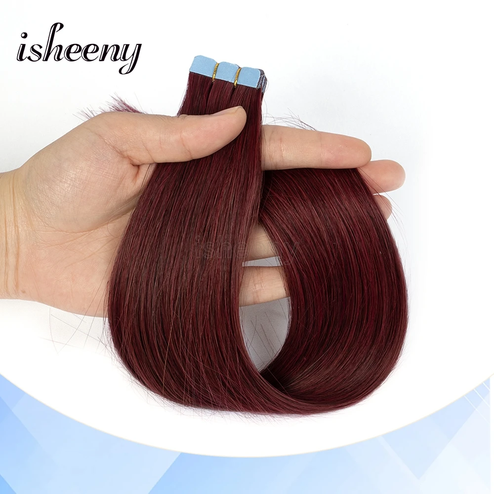 شريط صغير غير مرئي أحمر من isheeny في الشعر البشري 12 بوصة 16 بوصة 20 بوصة شريط شعر بشري ريمي حقيقي 10 قطعة/الحزمة للشعر المخرج