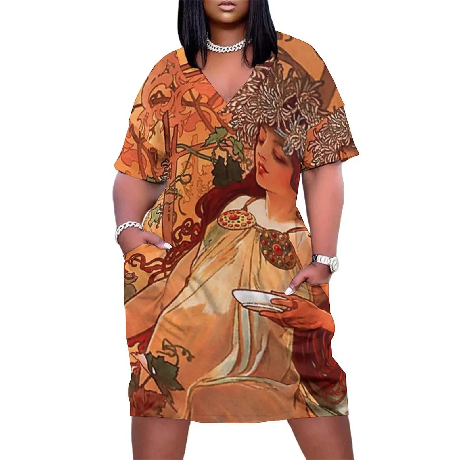 

Autumn,1of 4,1896,Alphonse Mucha,art nouveau Loose Pocket Dress Woman clothing dresses for woman summer dress daily