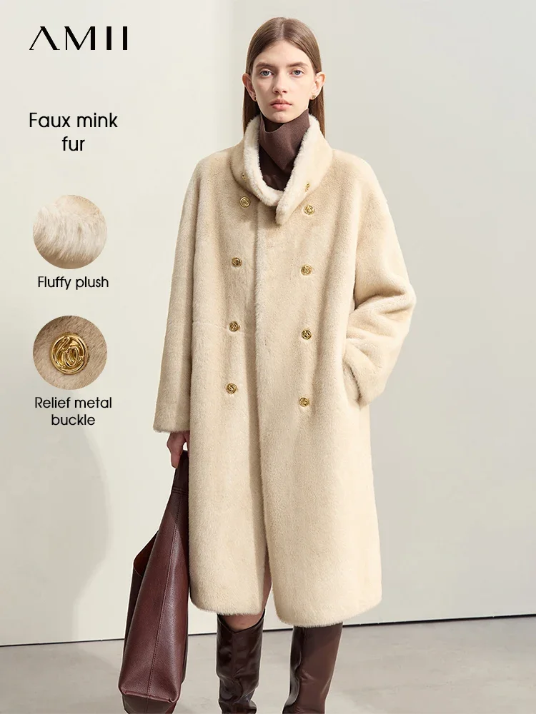 AMII Minimalism 2024 Winter New Warm Modern Turtleneck Double Breasted Imitation Mink Eco-friendly Fur Lady Fleece Coat 12424006