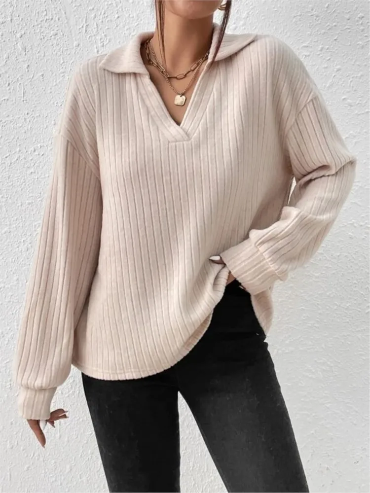 Sexy V Neck Polo Shirt Office Lady Spring Autumn Fashion Elegant Solid Long Sleeve Polo T-Shirt For Women 2023 Female Blouse