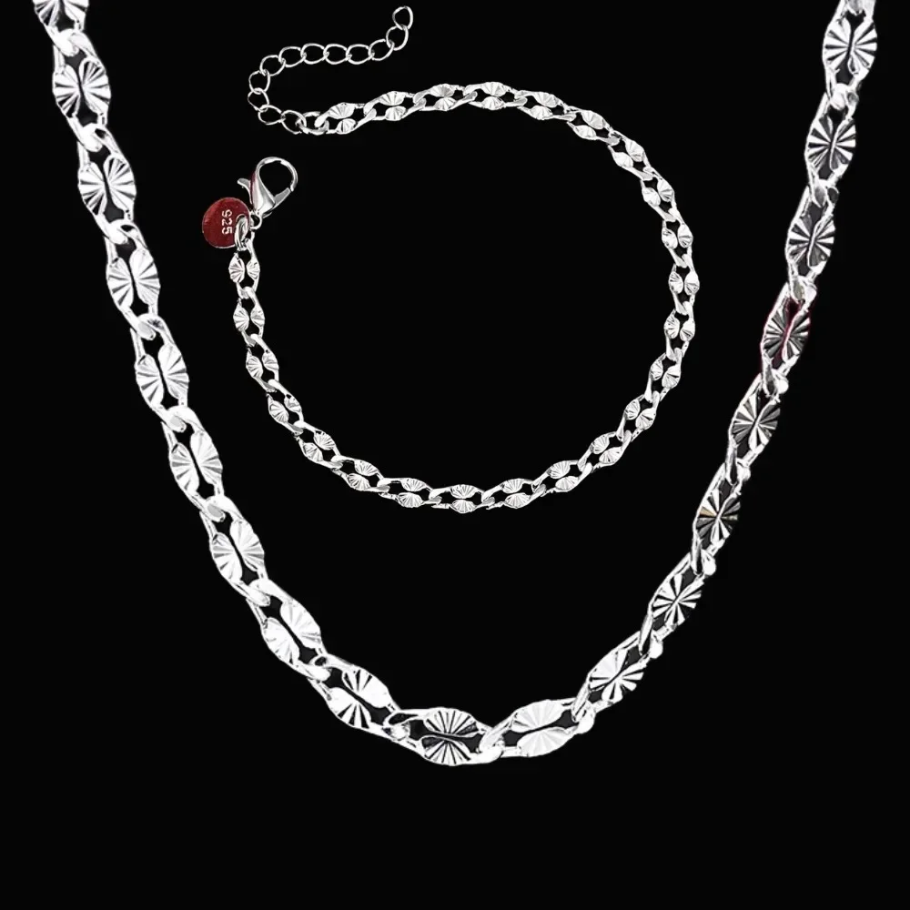 Special Christmas Gifts 2pcs 925 Sterling Silver Trend 4MM Width Chain Bracelet And Necklace Set Jewelry for Women Men Wedding