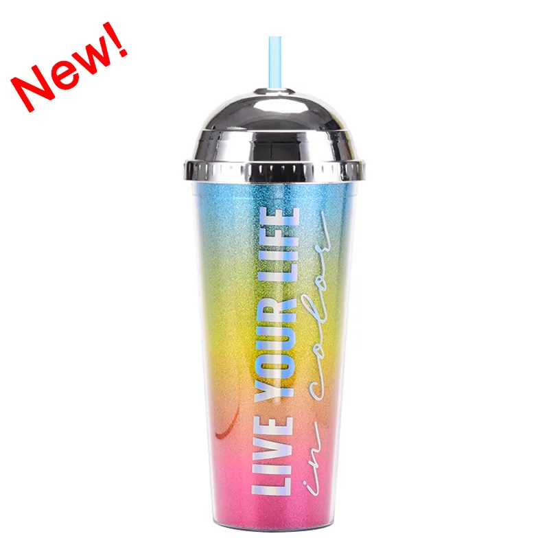 Fantasy Color Half Round Cap Water Cup Large Capacity Portable Water Bottle With Straw Lid Double Layer Plastic Straw Cup