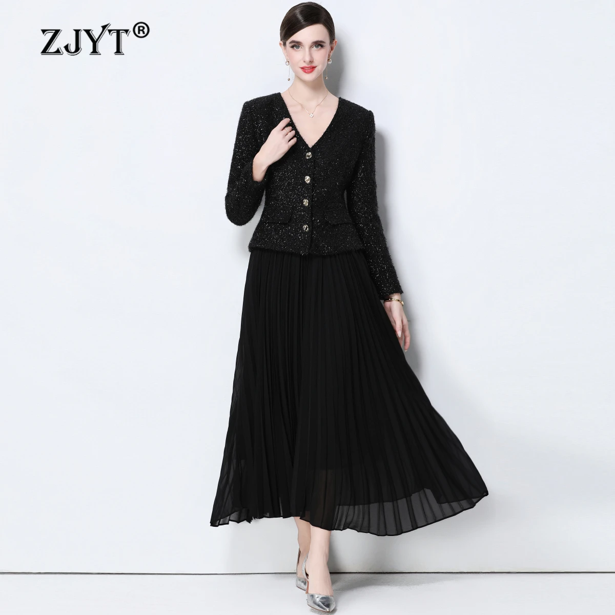 

Новый женский костюм ZJYT: элегантный твидовый комплект из двух предметов (жакет с длинным рукавом и юбка) для весны, для вечеринок и повседневной носки