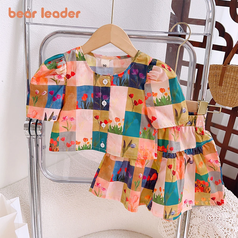 Bear Leader Girls' Set 2023 Summer New Girls' Plaid Flower Print Round Neck Top+Short Skirt Two Piece Fashion Children's Set