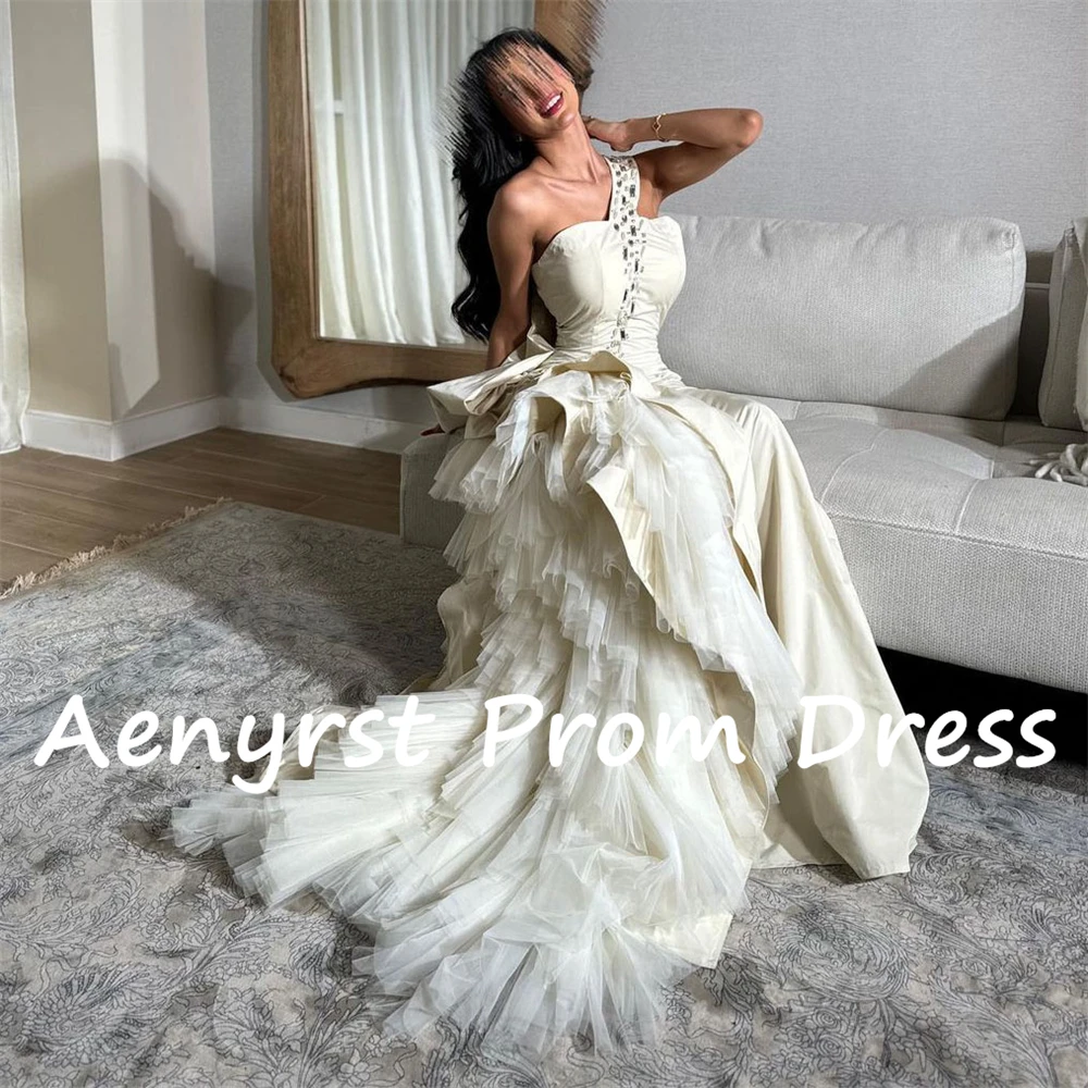 Aenyrst Vintage One Shoulder Saudi Arabia Evening Dresses Satin Crystal Wedding Guest Dresses For Women Floor Length Prom Gowns