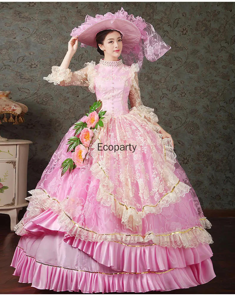 

Light Pink Medieval Renaissance Victorian Ball Gown Wedding Dress Stage Costume With Hat Medieval Costume Disfraz Dress Robe