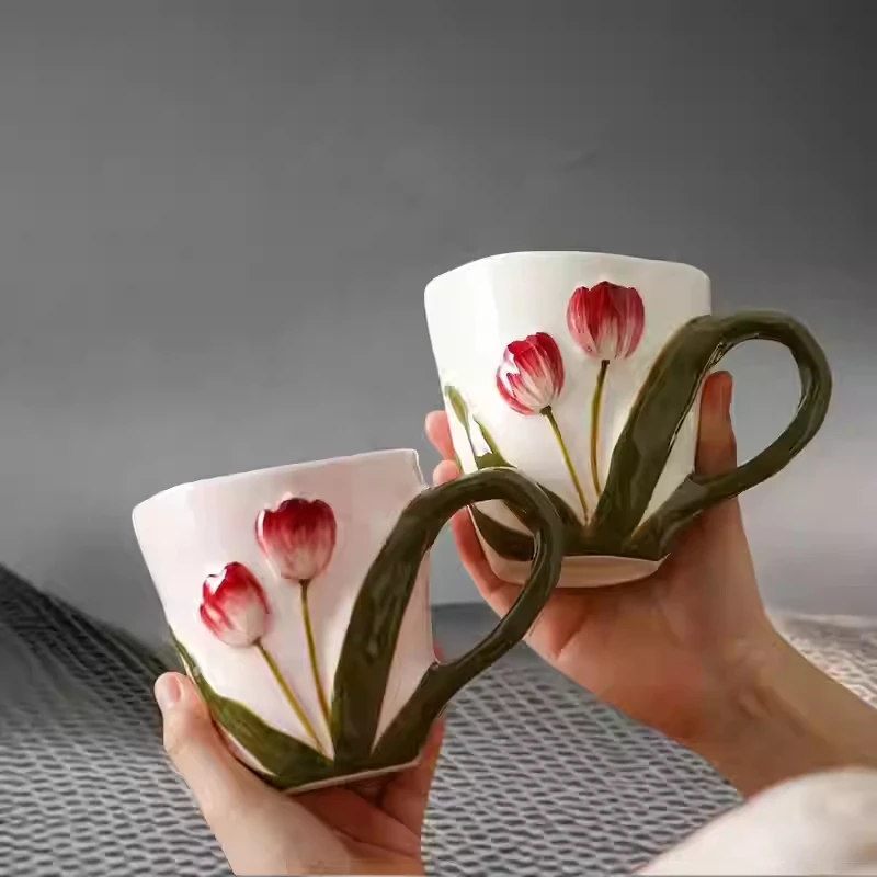 

Hand-painted Tulip Mug High Quality Ceramic Cute Relief Water Cup Girl Household Breakfast Milk Cups Kitchen Drinkware