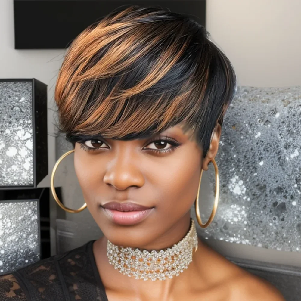 

Короткий прямой парик пикси 1B30, цветной парик с стрижкой пикси для женщин, парик для повседневного использования на вечеринке, парик из человеческих волос, машинное производство