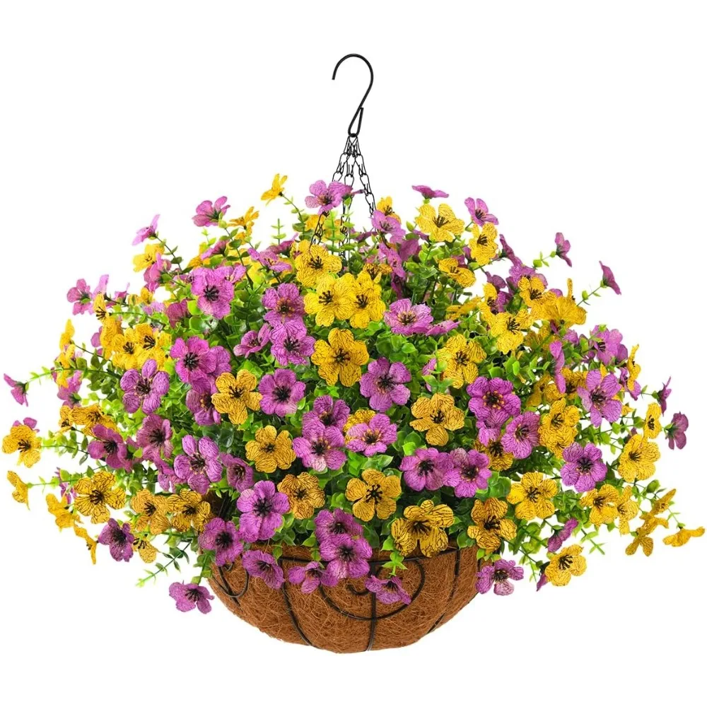 

Artificial Faux Flowers Basket Outdoor Indoor Patio Lawn Garden Spring Decor,12inch Coconut Lining Chain Palm Flowerpot(Yellow)