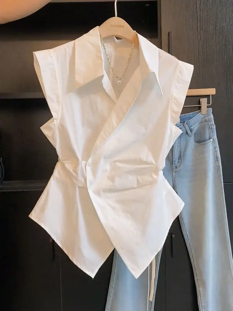 

Slimming Effect Collar White irt Women's Faionable Summer High-End Sense Versatile Ladies' Top Waist-Cinched Design