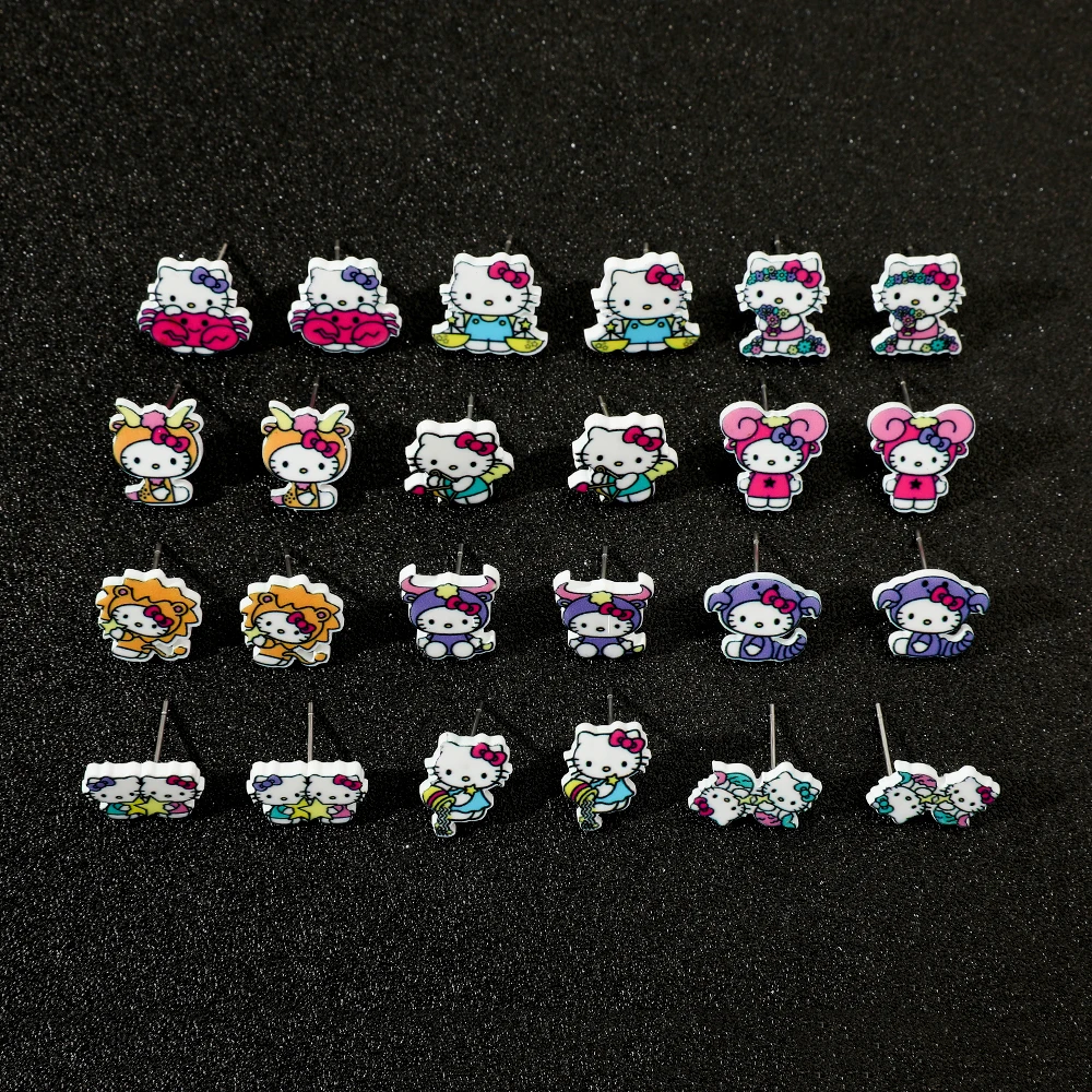 1 Pair Sanrio 12 Zodiac Sign Hello Kitty Earrings 12 Constellation Kitty Cat Ear Studs Earrings for Girl Y2k Accessories Gifts