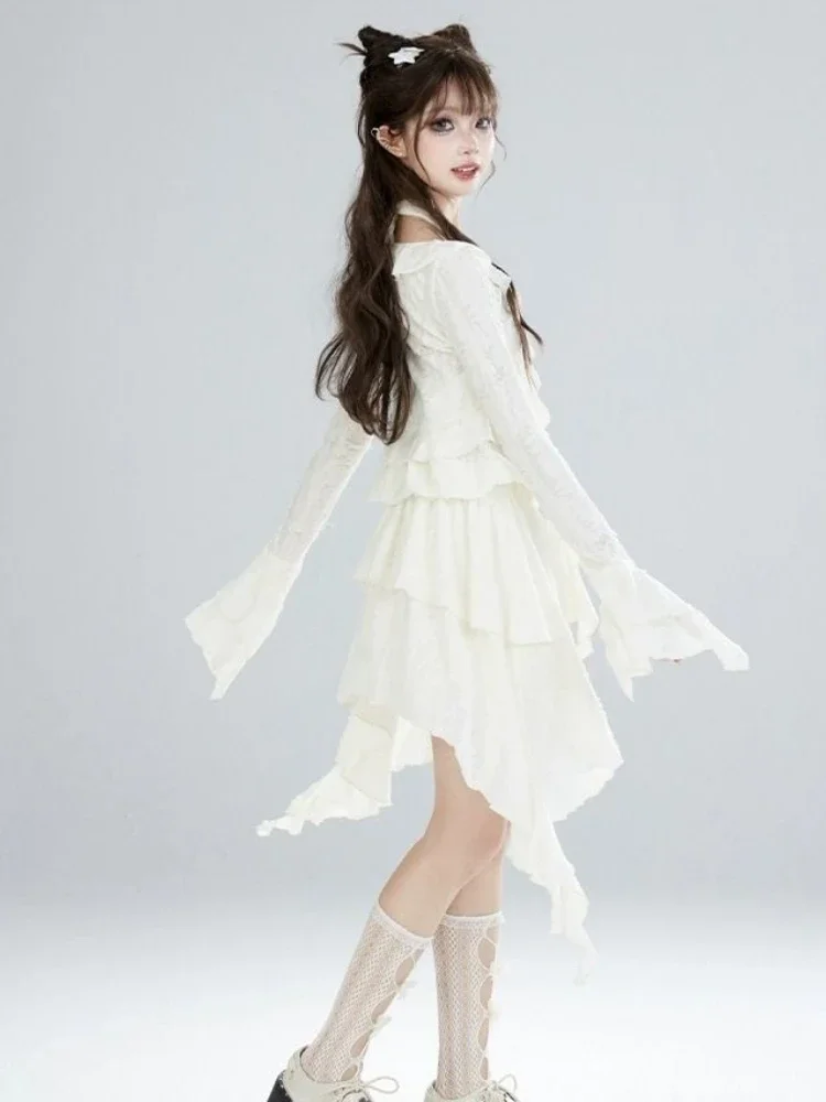 Y2k Aesthetics Sweet Ruffle Shirt Spring Grunge Solid Hole Bandage Blouses Fairy Harajuku Flare Sleeve Blusas Cropped Clothes