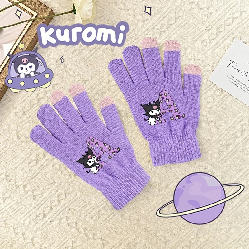 Sanrio Kuromi Children's Gloves Letter Printed Winter Warm Kids Knitted Full Fingers Mittens Girls Cartoon Touchable Screen Gift