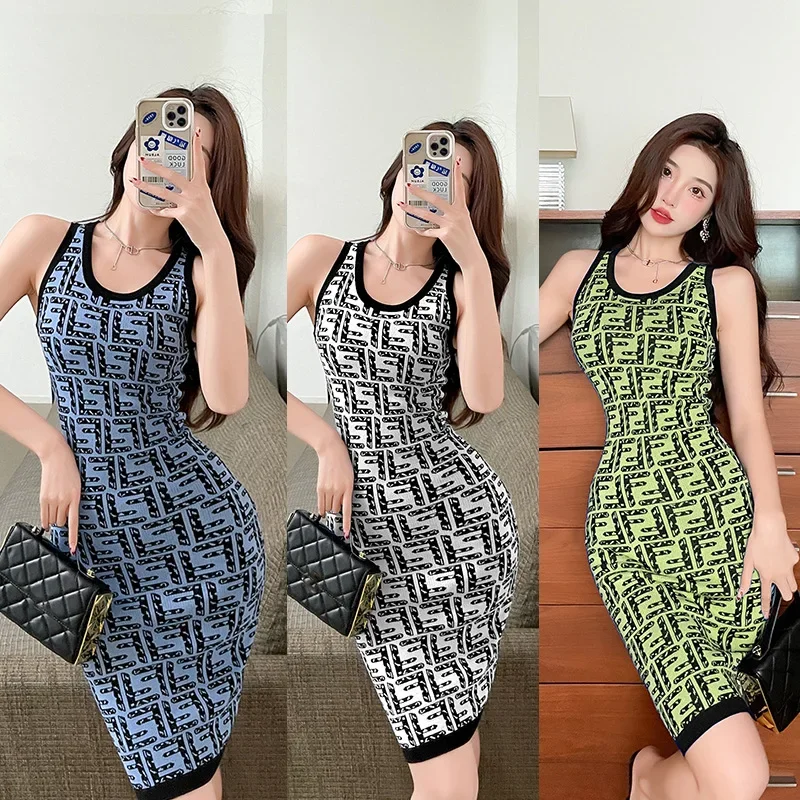 2023 Summer Korean Style VestDress Vintage Socialite Slimming Bodycon Skirt Waist-Fitted Knitted Letter Printed Dress