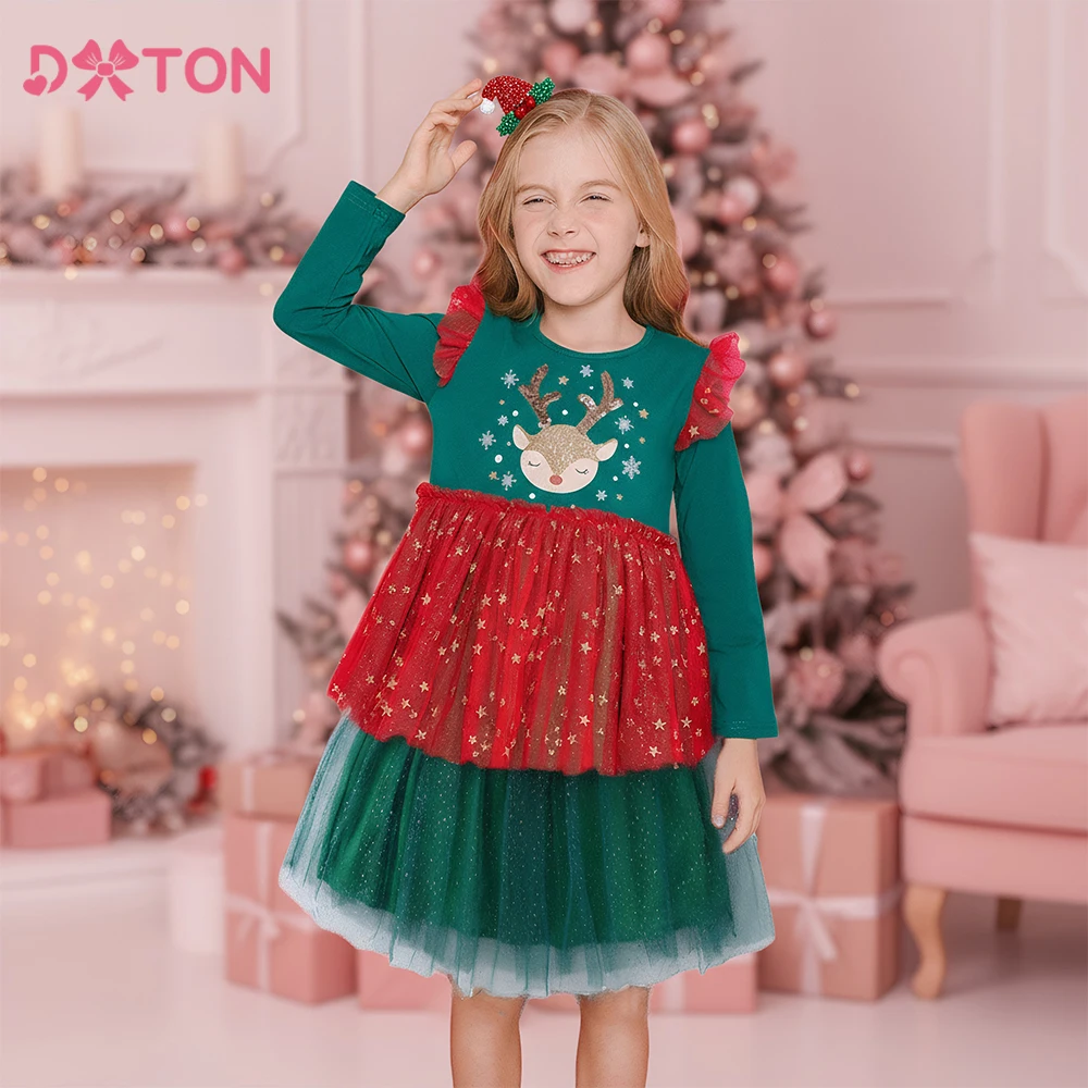

DXTON Children' Christmas Clothing Layer Mesh Girls Princess Dress Elk New Year Kids Gift Snowflake Xmas Party Toddler Dresses