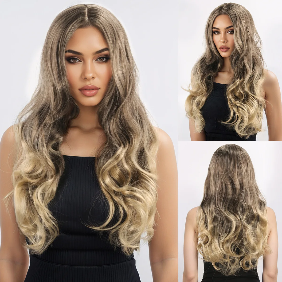 European and American cross-border new big wave wig for women, black gradient gray long curly hair-Synthetic fiber wig
