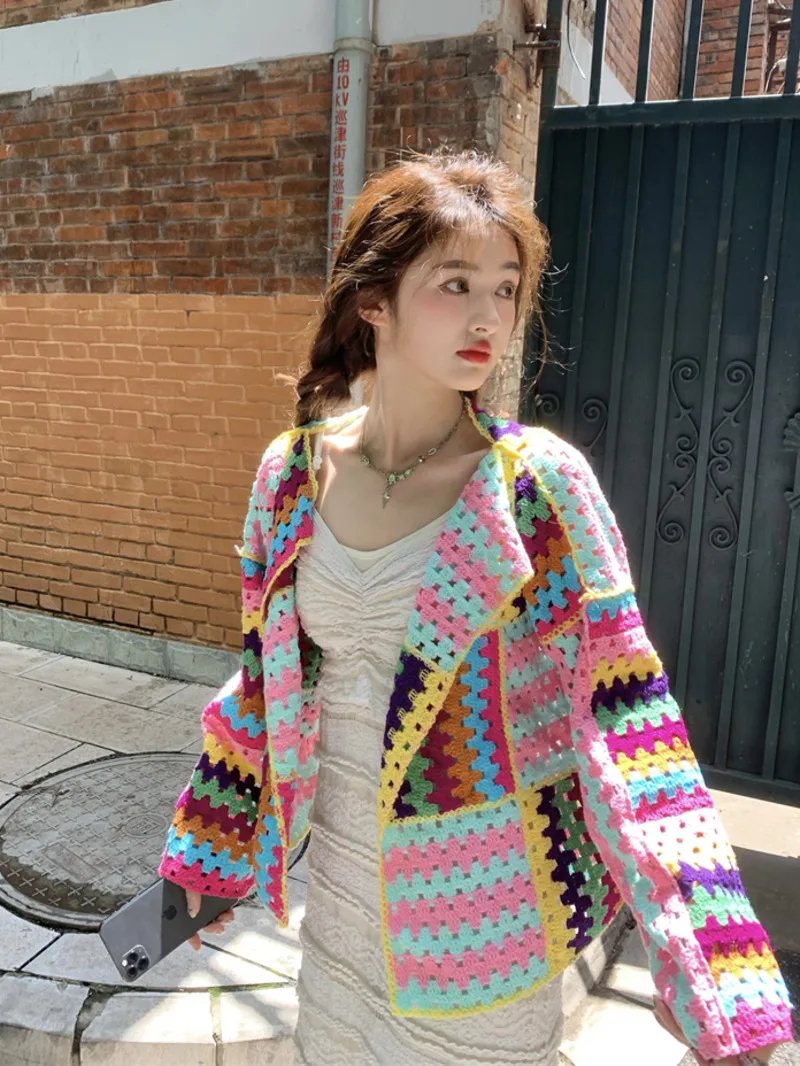 

Casual Women Sweater 2025 Sweet Colorful Crochet Knit Hollow Cardigan Sweater Jacket Women Spring Top Loose Short Knitwear MA7W