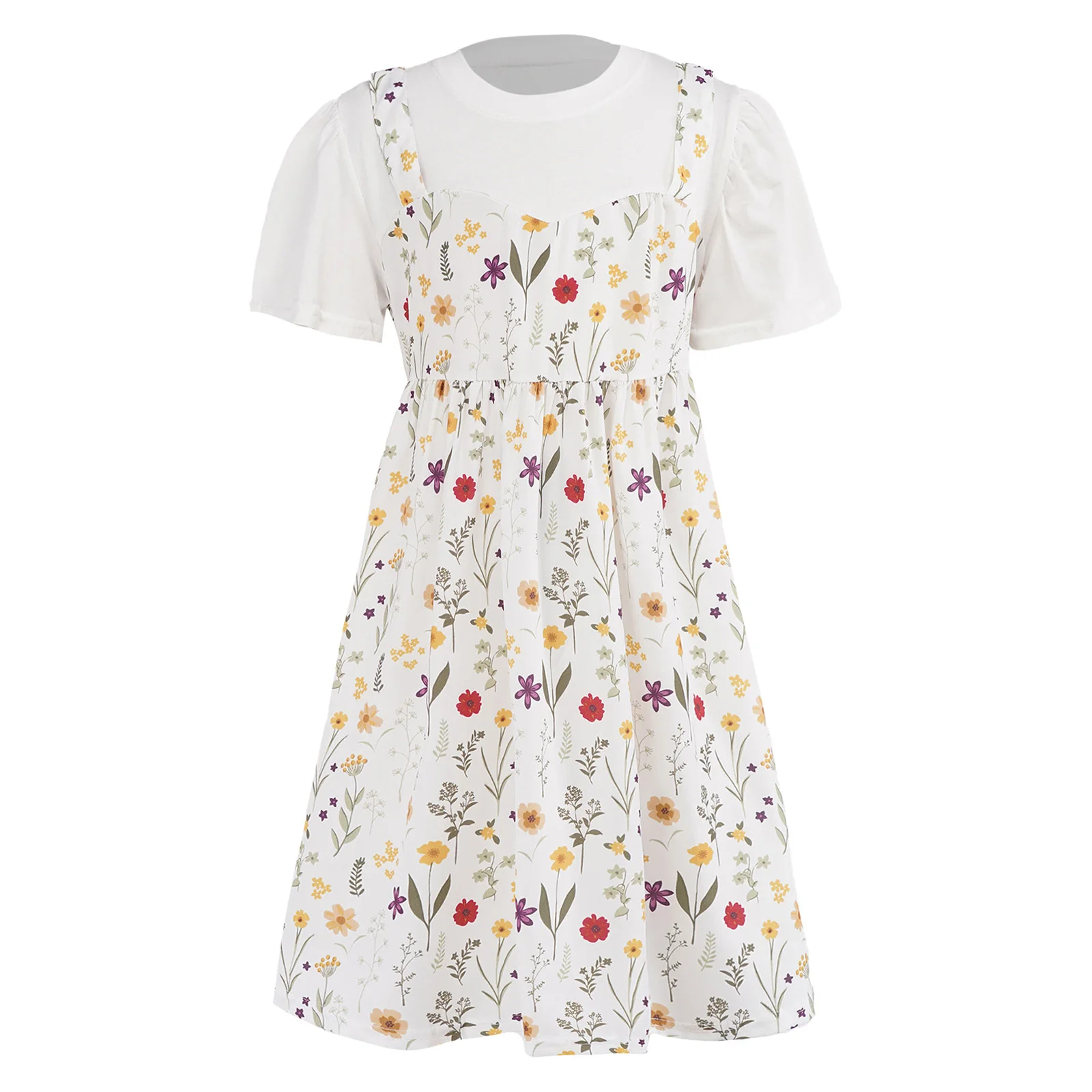Vestido Floral com Estampa de Flores para Meninas, Decote Redondo, Manga Curta, Roupa Casual de Verão para Crianças, Férias, Praia, Parque, Festa de A
