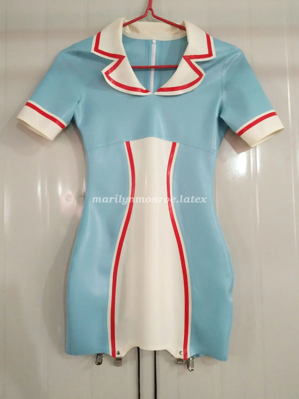 Women Skirt Latex Rubber Sexy Dress Nurse skirt Light Blue Uniform Suit S-XXL