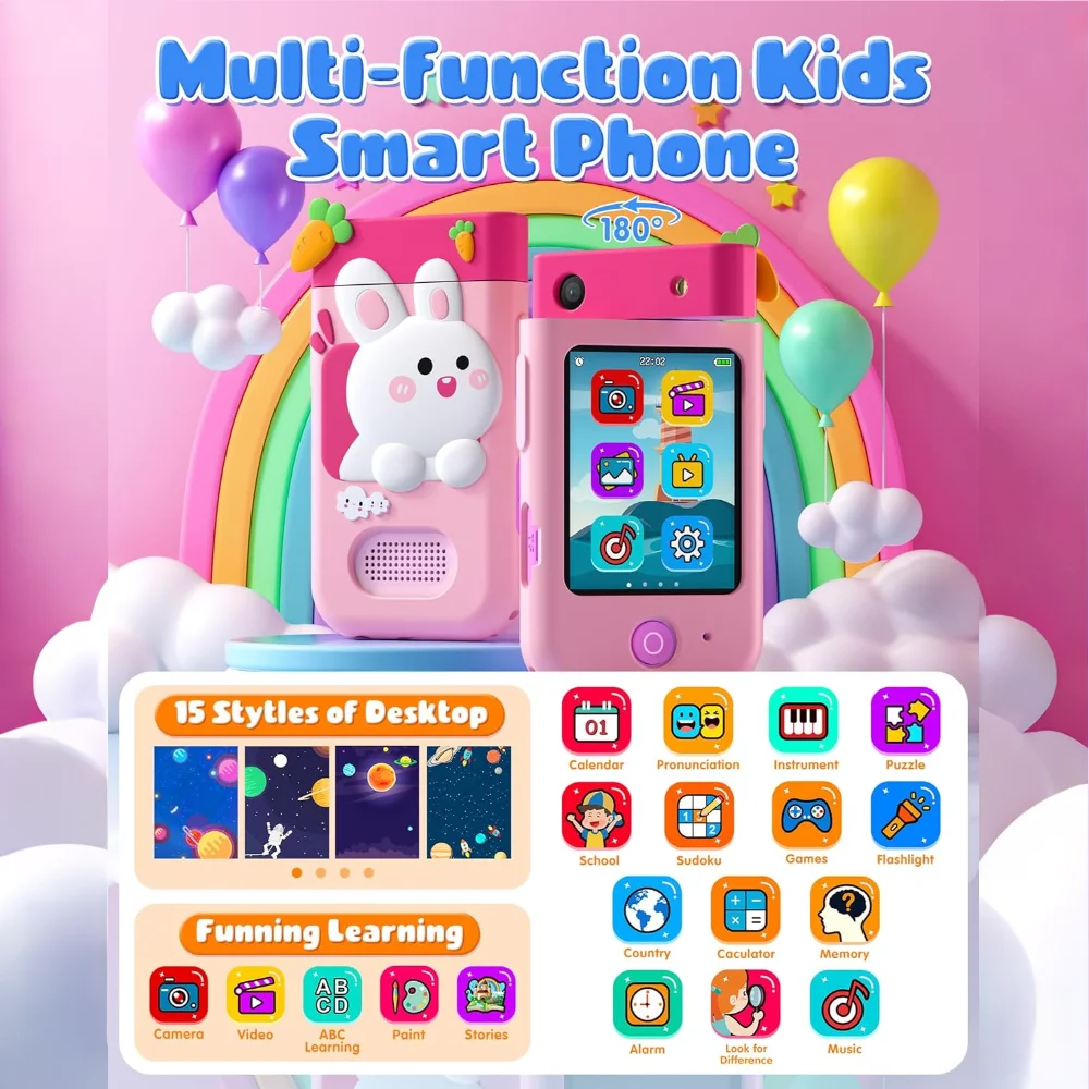 Juguete de Teléfono Inteligente para Niños, Teléfono de Juguete con Pantalla Táctil y Cámara Giratoria de 48MP, Juego Educativo y Reproductor de Música, Regalo de Navidad o Cumpleaños para Niños de 3+ Años