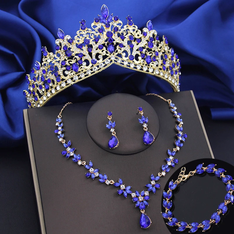 4 Pcs Lime Green Crown Jewelry Sets for Women Fashion Tiaras Bracelets Earrings and Necklace Sets Bride Wedding Prom Accessories