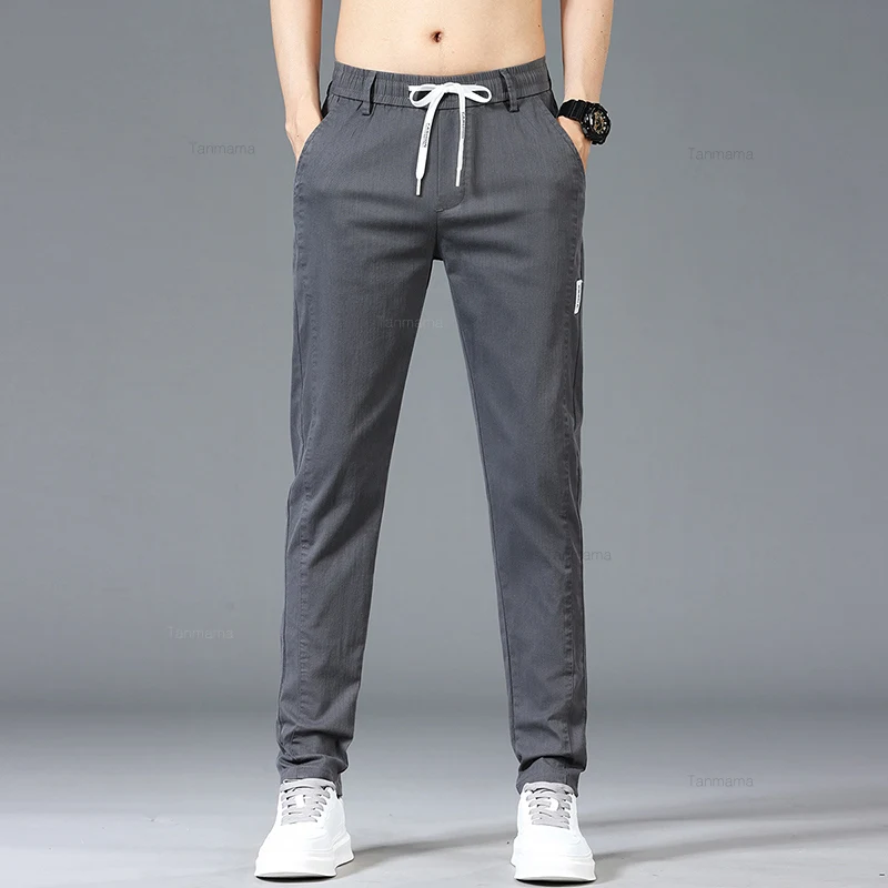 Spring Summer Men\'s Casual Pants Fashion Thin Elastic Waist Korean Style Business Slim Straight Trousers Blue Gray Green Khaki