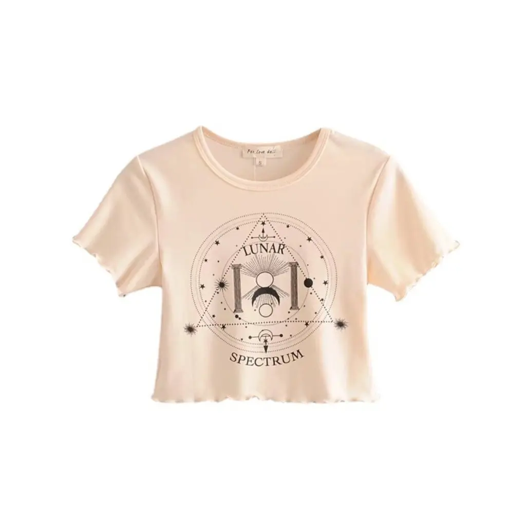 

YPFF Women's Short-sleeved T-shirt Summer Fashion European American Style Printed Wooden Ear All-match Top for Ladies