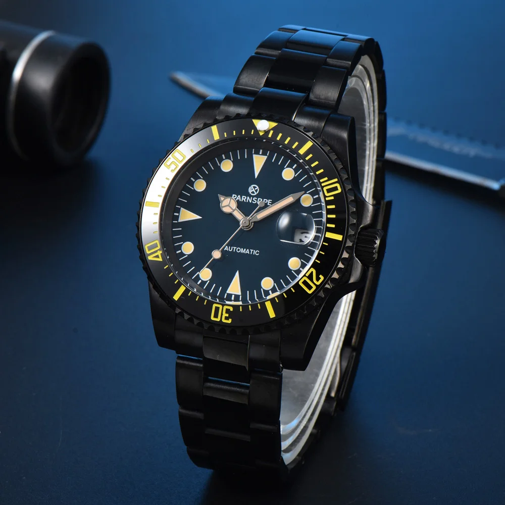 

Мужские автоматические механические часы Parnsrpe 8215, черные повседневные деловые часы с сапфировым стеклом, твердая задняя часть, корпус 40 мм
