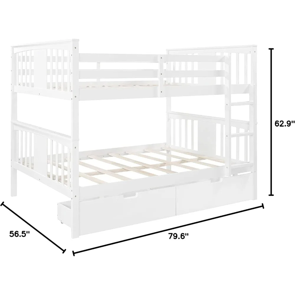 Full Over Full Bunk Bed for Kids Adults Teens, Solid Wood Bunk Bed with 2 Drawers and Safety Guard Rail