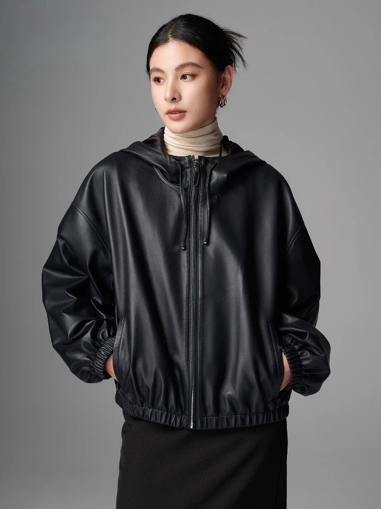 

Casual Hooded Genuine Leather Jacket for Women Spring Autumn 2026 New High-end Simple Loose Soft Black Short Real Sheepskin Coat
