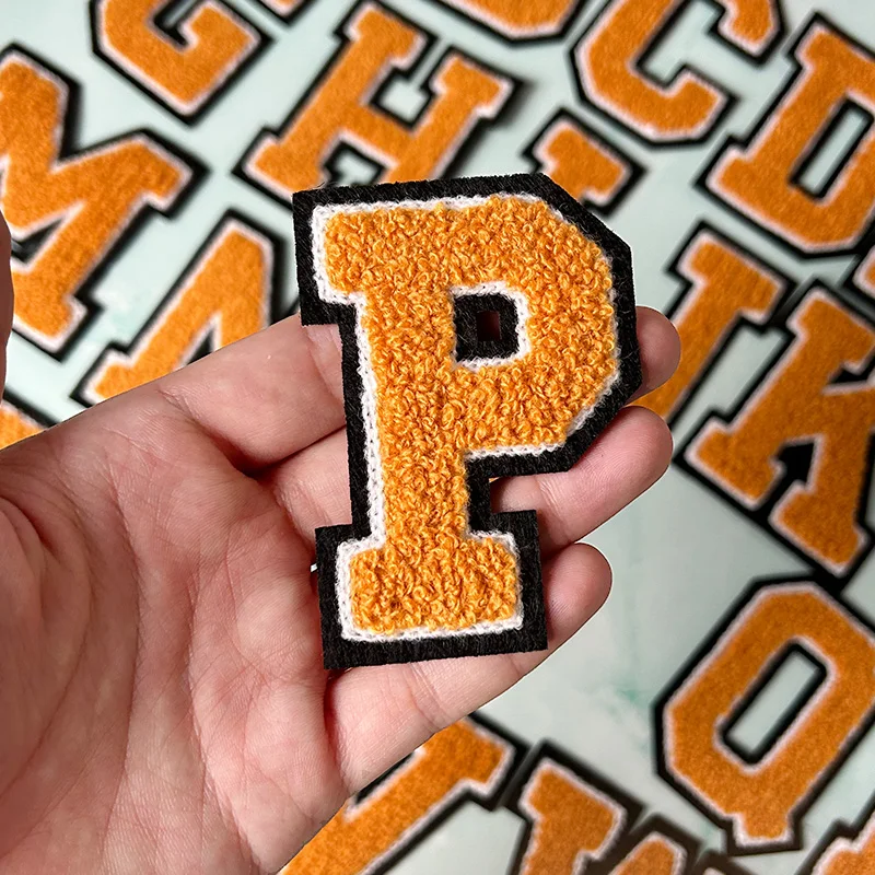 Chenille Letter Pumpkin Orange Embroidery Patch Iron on Sew on Hoodie Jacket Chenille Embroidered Letter Patches 80mm