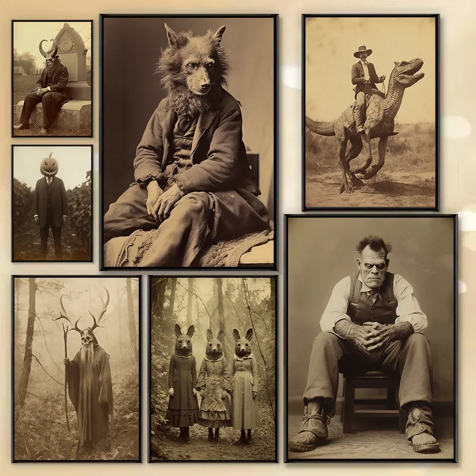 Vintage Dark Acdemia Frankenstein Witch Werewolf Old Photography Poster Printed Canvas Painting Wall Art Pictures Home Decor