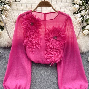 SINGGREINY-BULK Damen Low Satin, reine böhmische Bluse, lange Ärmel, transparentes 3D-Blumenhemd, Frühling, 2024 8 Hauptverkäufe transparente Bluse mit Mango - №8