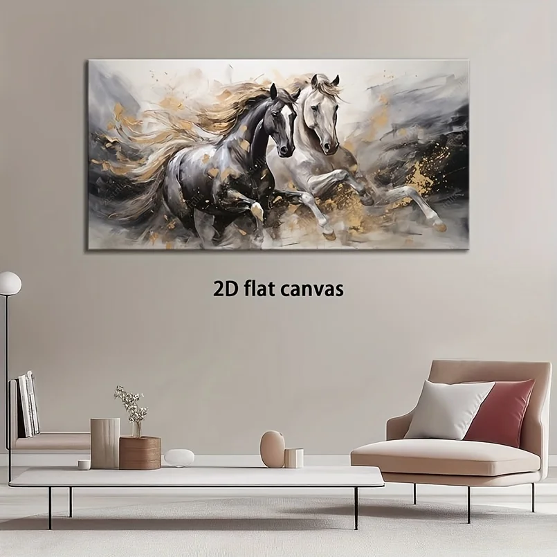 Large-sized frameless canvas paintings,Two Black White Galloping Horses Poster Prints Abstract Animal Art Canvas Painting Wall A