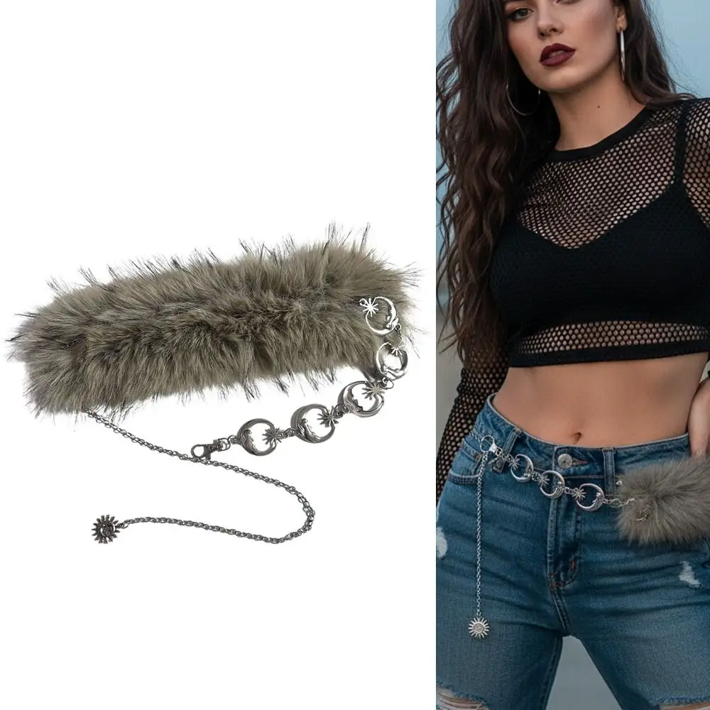 

Vintage Trendy Design Faux Fur Belts Metal Chain Spicy Girl Furry Splicing Belt Y2K Punk Moon Star Waist Belts Women Fashion