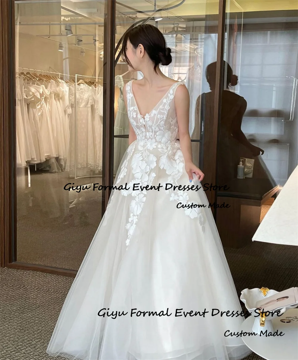 Giyu Fairy A-line Handmade Flowers Korea Wedding Dress Photo Shoot V-Neck Sleeveless Bridal Gown Vestidos De Novias 2024