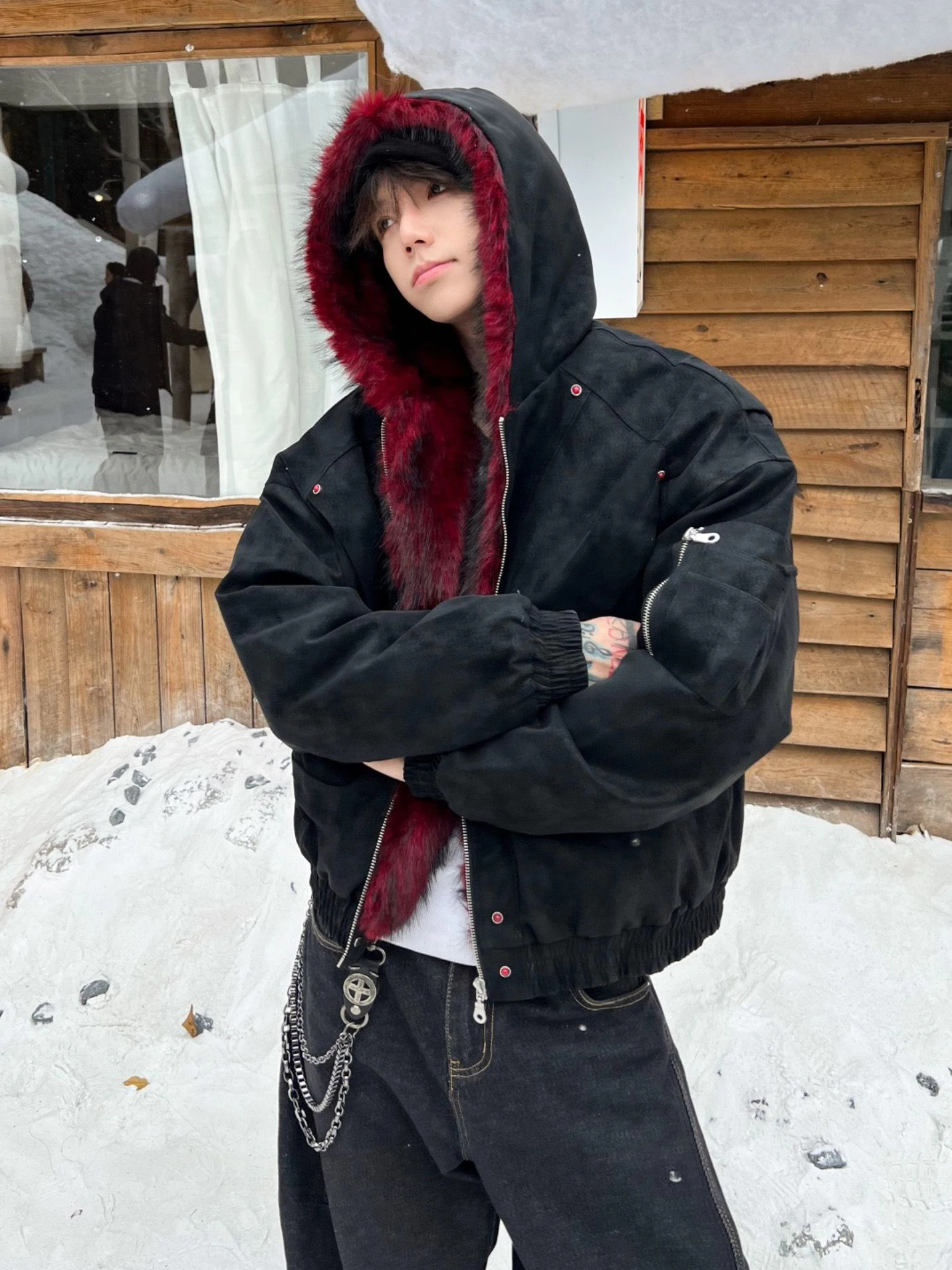 

Retro American PU Leather Cotton Jaet for Men Winter Red Inner Hooded Coat Large Fur Collar Couple's Cotton Clothing