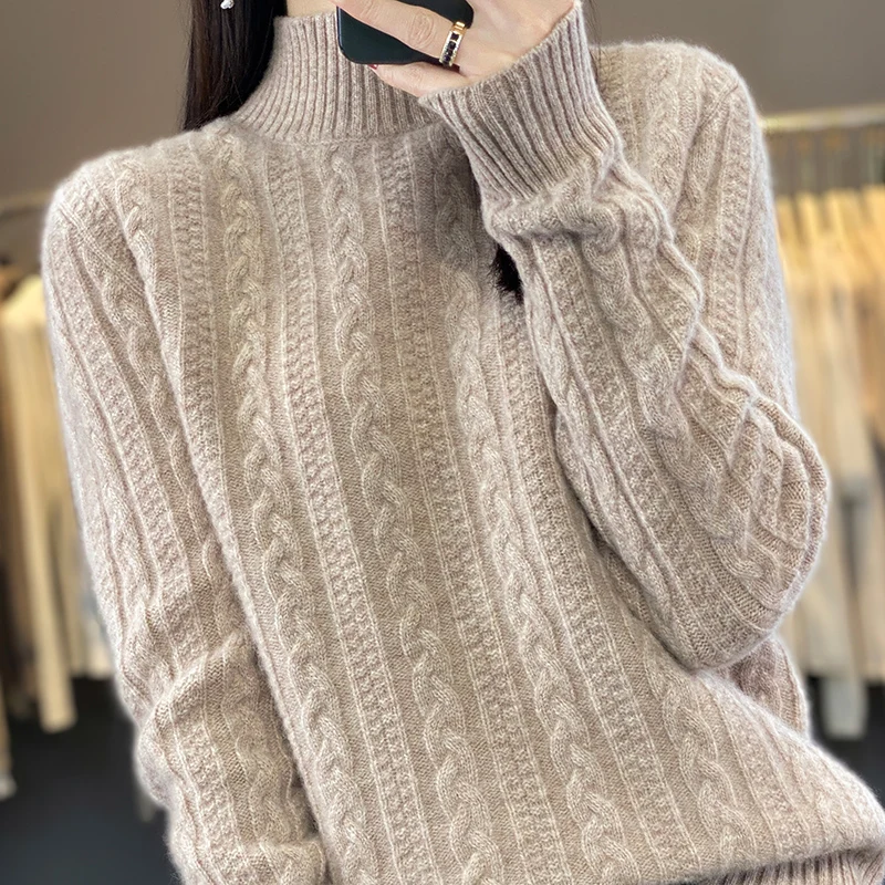 Autumn and winter new women's 100% merino wool semi-turtle neck knitted pullover solid color twist casual warm padded coat