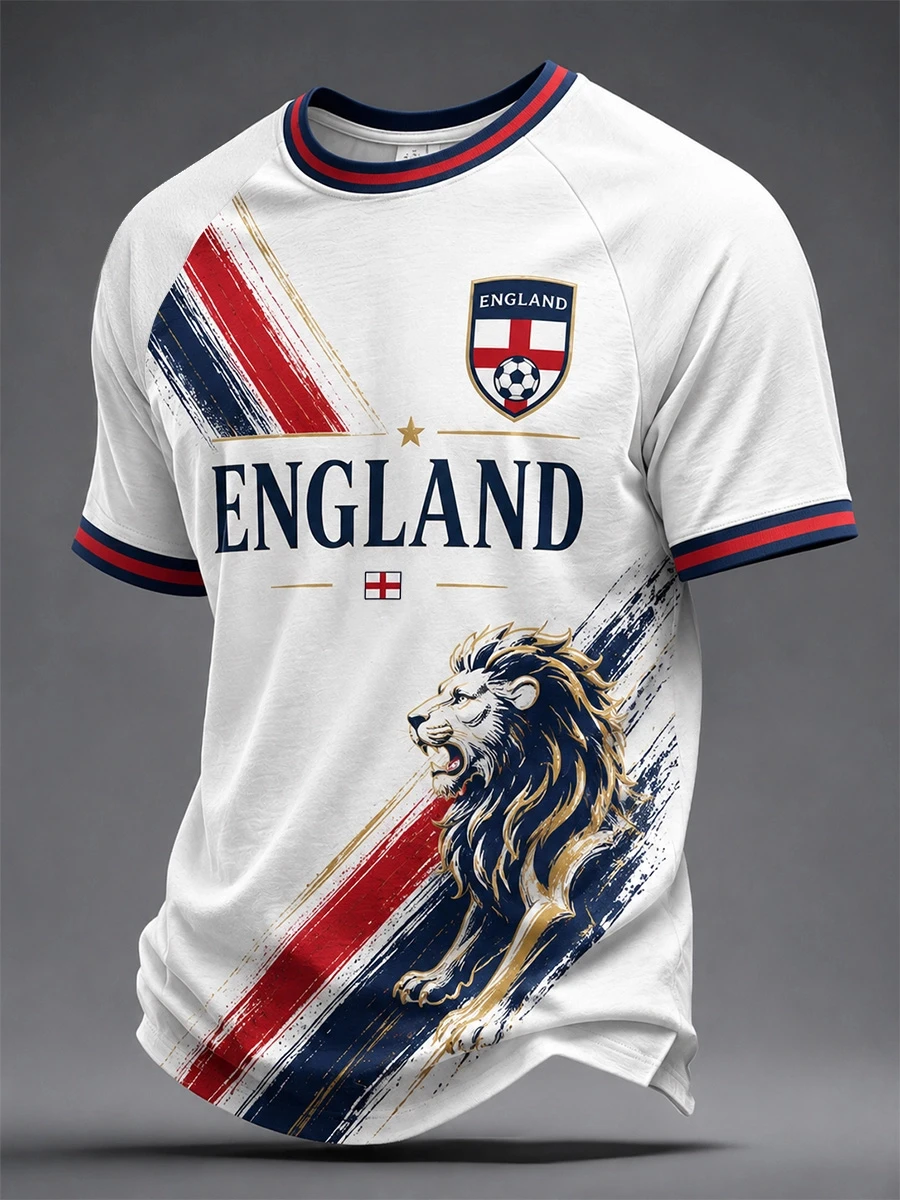Retro Soccer Jersey Golden Lion Floral Print Four Star Crown Badge Red Navy Striped Cuff Casual Fan Short Sleeve Top 3d Print