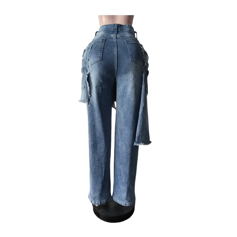 Fori Grembiule di jeans Pantaloni dritti Bottone Fly Gonna irregolare a vita alta Pantaloni jeans larghi a strati Moda donna Streetwear