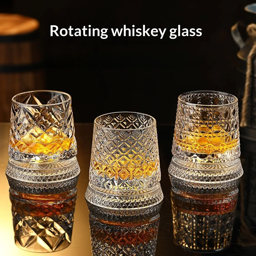 Luxury Rotating Whiskey Glass Set -Exquisite Crystal Goblet, RetroSpinning Stand &CoasterThe Ultimate Gift forWhiskeyEnthusiasts