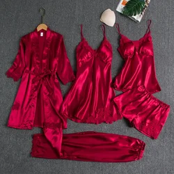 5PC Silk Robe Sleep Suit Womens Lace Satin Pajamas Gown Set V-Neck Cami Nighties Wear Pijama Home Nightwear Spring Nightdress