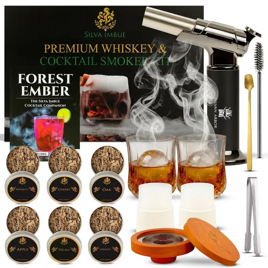 Imbue Kit ahumador de whisky con antorcha, 6 astillas de madera, tapa de roble, vasos, moldes para hielo, herramientas de bar, libro de recetas, amplificador de whisky Bourbon Coc