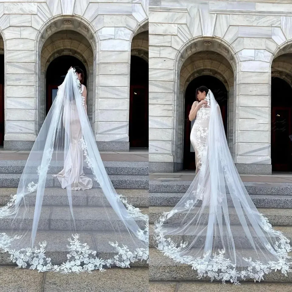 

Customized White Ivory Wedding Bridal Veil 3M Cathedral Lace Appliques Edge One Layer Veil With Comb Wedding Accessories