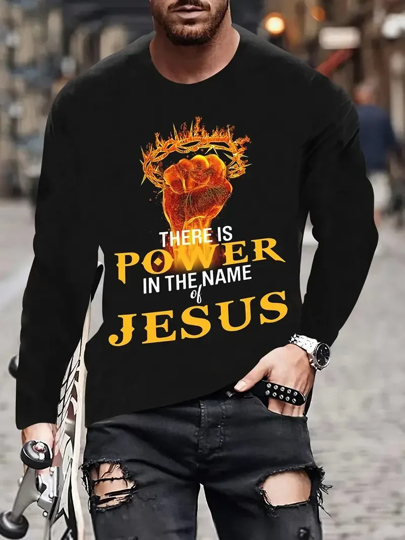 Christian Letter Pattern JESUS Vintage Men\'s T-Shirt Long Sleeve Crew Neck 3D Printed T-Shirt Sports Oversized Men Clothing