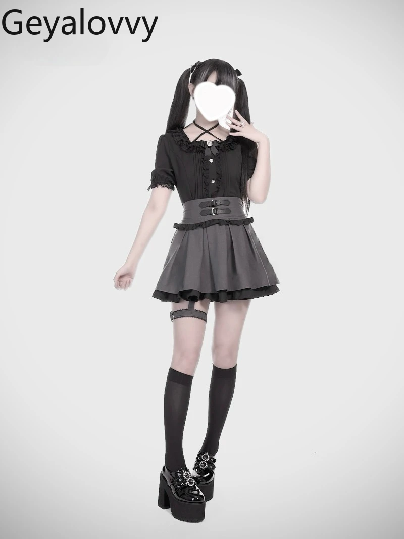 

Summer New High Waist Leather Buckle Leg Ring Double Layer A- Line Skirt Japanese Sweet Cute Girls Versatile Short Skirts