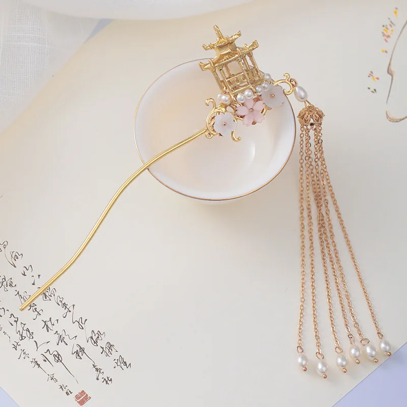 Womens Crystal Hair Clasp Flowers Shape Design  Silver Step Shake Hanfu Hair Stick with Tassel Headwear Hairpins Jewelry