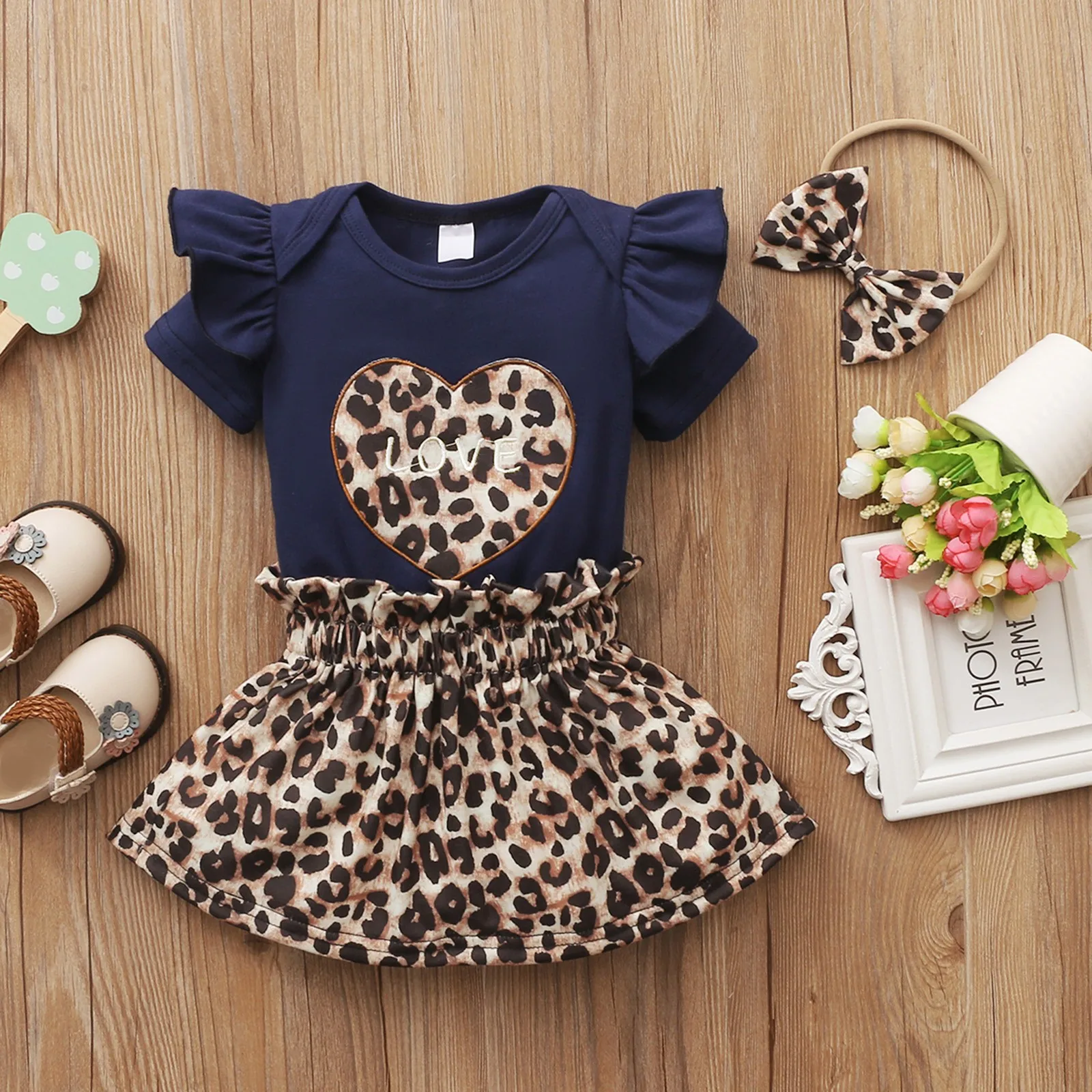 2024 Summer Dress Newborn Infant Baby Girls Valentine Leopard Print Romper Bodytsuit+Skirt Set детская одежда Ropa Para NiñAs