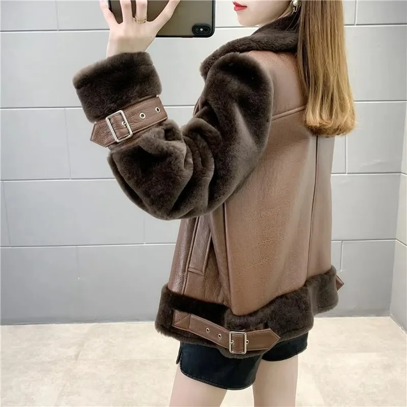 Women's Lambs and Leather Garments In One Fall/Winter 2024 New Zipper Short Long Sleeve Padded Winter Cotton-padded Jacket Tide